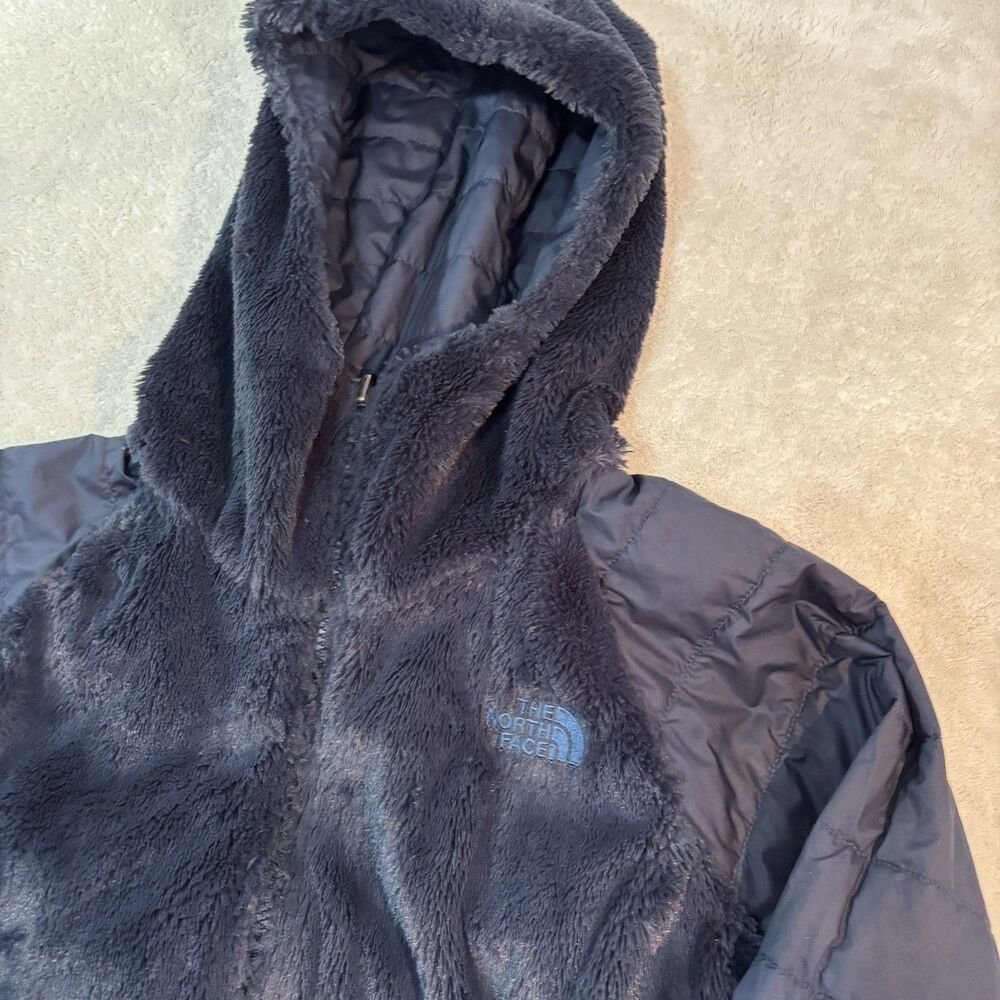 EUC North Face Women Small Mossbud Reversible Puffer Fleece Coat Navy Long Hood - Picture 7 of 11
